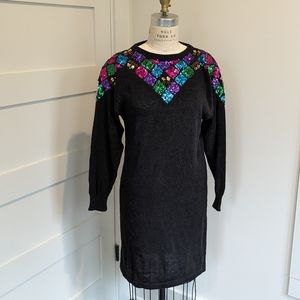 Vintage 1980s Noah Black, Pink, Purple, Teal, and Green Sequin Sweater Dress